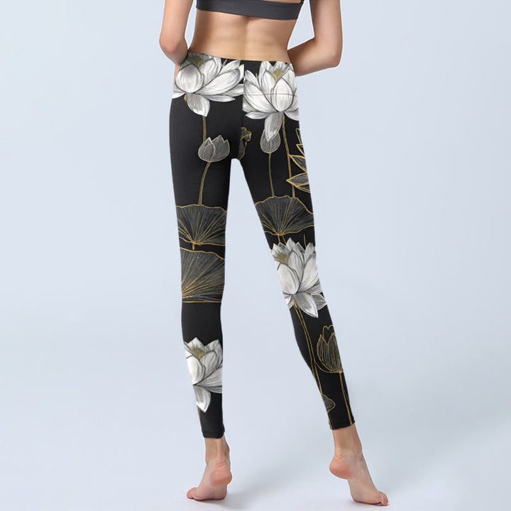 Buddha Stones Weiß Golden Lotus Blätter Print Gym Leggings Damen Yoga Hose - image 7