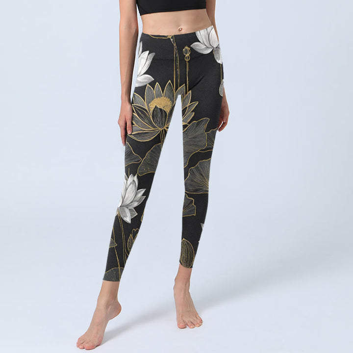 Buddha Stones Weiß Golden Lotus Blätter Print Gym Leggings Damen Yoga Hose - image 5