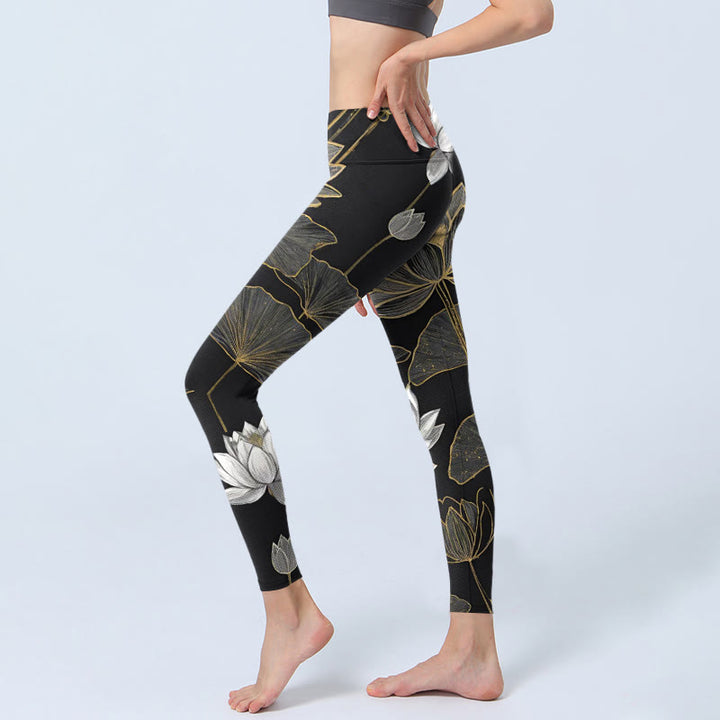 Buddha Stones Weiß Golden Lotus Blätter Print Gym Leggings Damen Yoga Hose - image 3