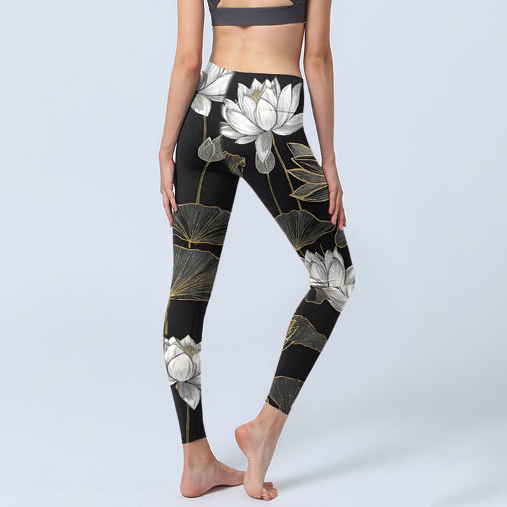 Buddha Stones Weiß Golden Lotus Blätter Print Gym Leggings Damen Yoga Hose - image 5