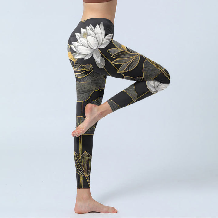 Buddha Stones Weiß Golden Lotus Blätter Print Gym Leggings Damen Yoga Hose - image 4