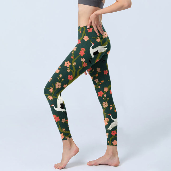 Buddha Stones, weiße Mandschurenkraniche, rot-orangefarbene Blumenbäume, Print, Gym-Leggings für Damen, Yoga-Hose - image 3