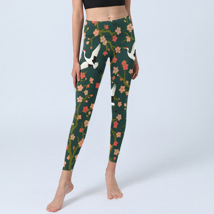 Buddha Stones, weiße Mandschurenkraniche, rot-orangefarbene Blumenbäume, Print, Gym-Leggings für Damen, Yoga-Hose - image 6