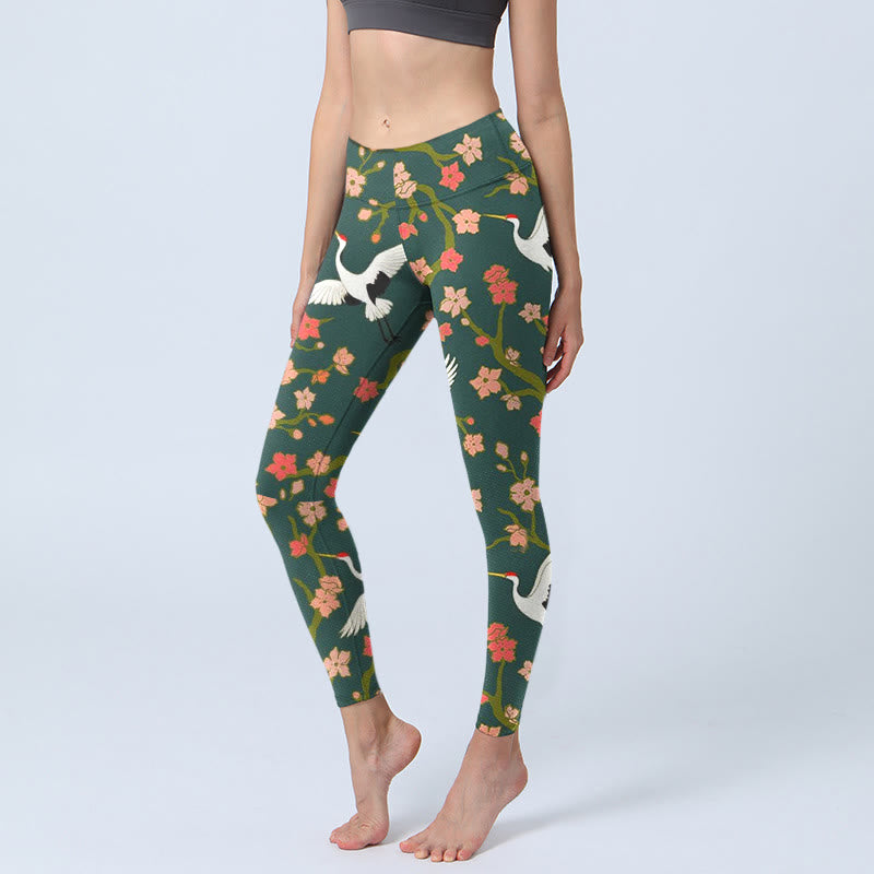 Buddha Stones, weiße Mandschurenkraniche, rot-orangefarbene Blumenbäume, Print, Gym-Leggings für Damen, Yoga-Hose - Kadettenblau - US18, UK/AU22, EU50 (4XL) - image 0