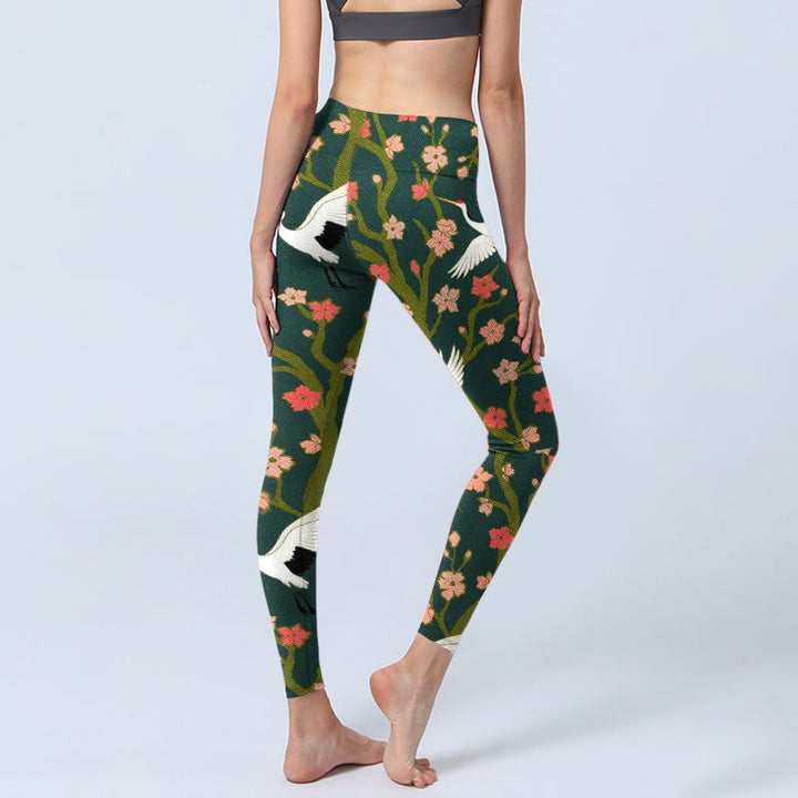 Buddha Stones, weiße Mandschurenkraniche, rot-orangefarbene Blumenbäume, Print, Gym-Leggings für Damen, Yoga-Hose - image 5
