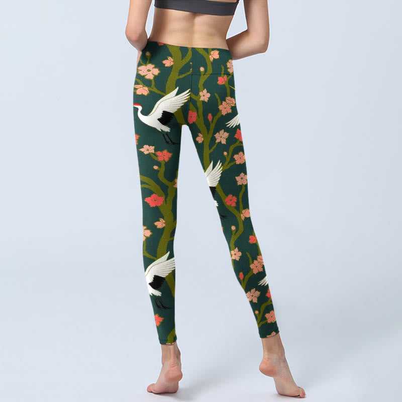 Buddha Stones, weiße Mandschurenkraniche, rot-orangefarbene Blumenbäume, Print, Gym-Leggings für Damen, Yoga-Hose - image 6