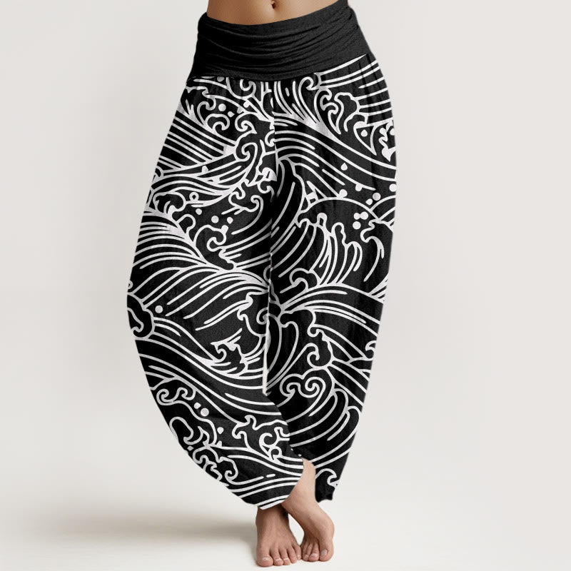 Haremshose mit Buddha Stones und rauem Wellenmuster für Damen, elastische Taille - Schwarz - US22， UK/AU26，EU54 (6XL) - image 1