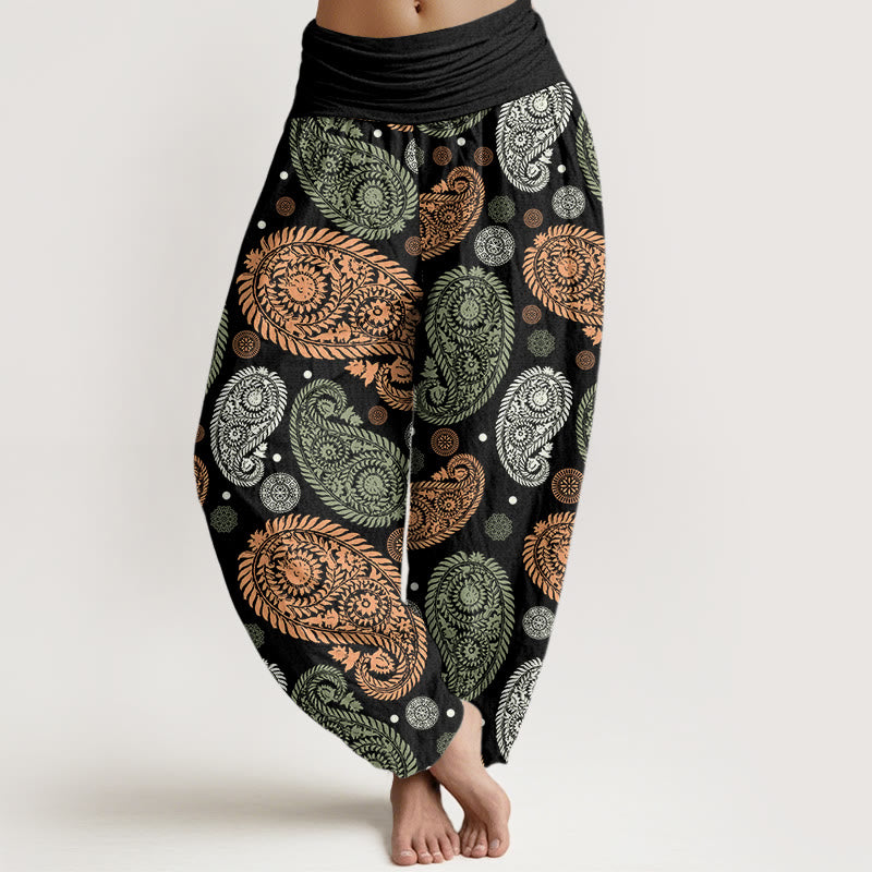 Haremshose mit elastischer Taille für Damen, Buddha Stones, Cashew-Blumen, Blätterranken, Sonnenblumen-Muster - Schwarz - US22, UK/AU26, EU54 (6XL) - image 0