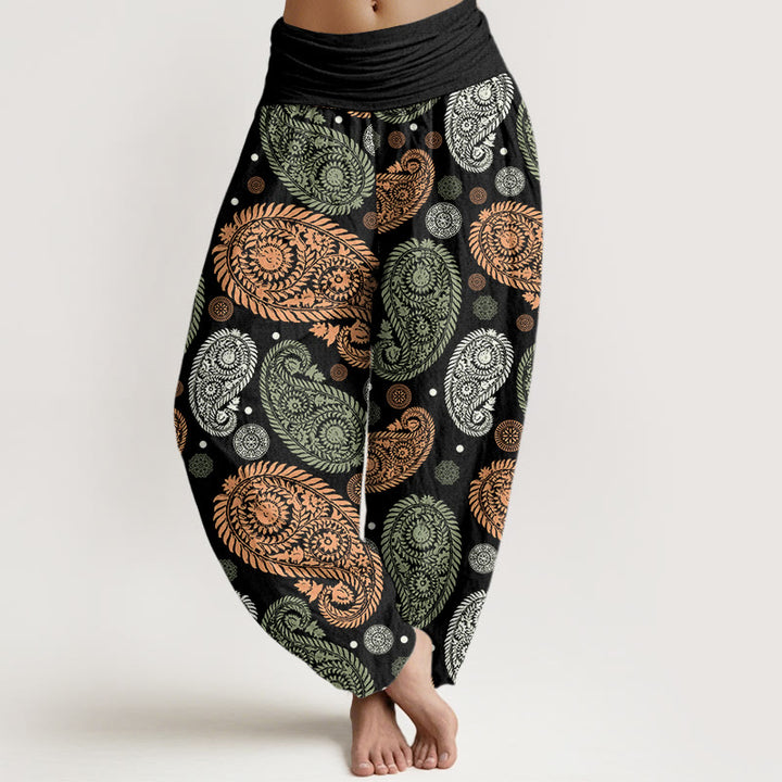 Haremshose mit elastischer Taille für Damen, Buddha Stones, Cashew-Blumen, Blätterranken, Sonnenblumen-Muster - Schwarz - US22, UK/AU26, EU54 (6XL) - image 0