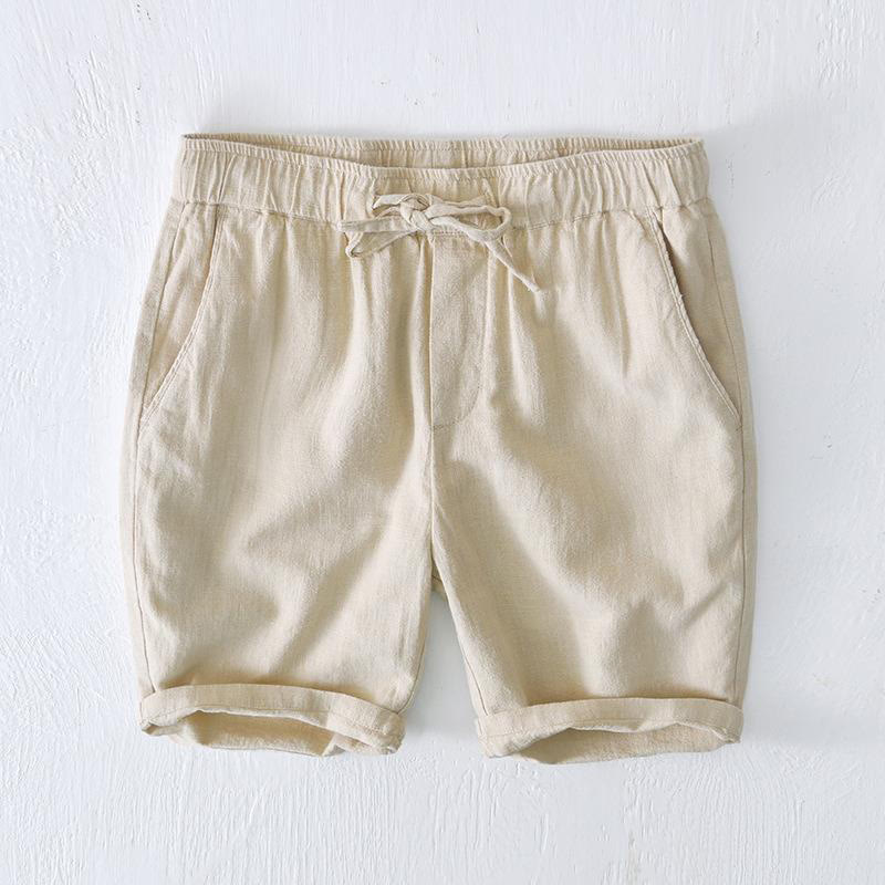 Buddha Stones Sommer-Shorts aus Baumwolle und Leinen mit einfarbigem Kordelzug und elastischer Taille für Herren mit Taschen - Beige - US/ UK/AU44, EU54 (4XL) - image 0