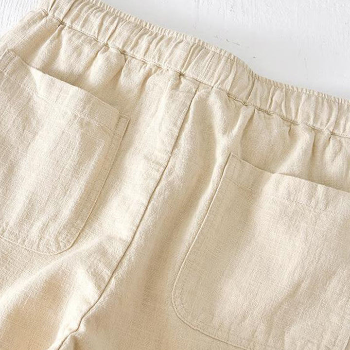 Buddha Stones Sommer-Shorts aus Baumwolle und Leinen mit einfarbigem Kordelzug und elastischer Taille für Herren mit Taschen - image 3
