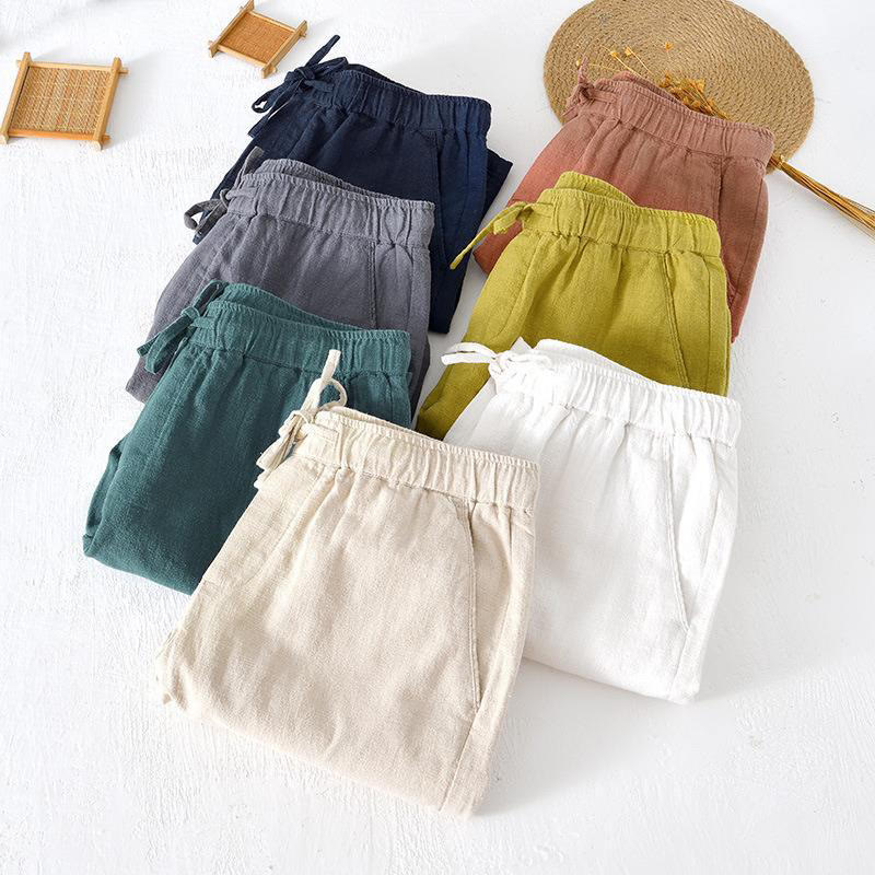 Buddha Stones Sommer-Shorts aus Baumwolle und Leinen mit einfarbigem Kordelzug und elastischer Taille für Herren mit Taschen - image 39