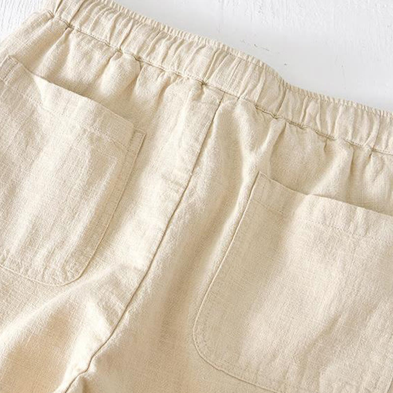 Buddha Stones Sommer-Shorts aus Baumwolle und Leinen mit einfarbigem Kordelzug und elastischer Taille für Herren mit Taschen - image 2