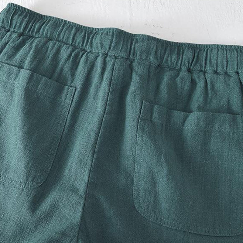 Buddha Stones Sommer-Shorts aus Baumwolle und Leinen mit einfarbigem Kordelzug und elastischer Taille für Herren mit Taschen - image 24
