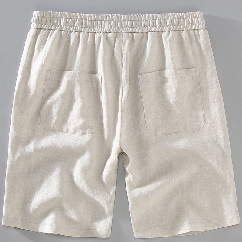 Buddha Stones Sommer-Shorts aus Leinen mit einfarbigem Kordelzug und Knopfdesign für Herren mit Taschen - image 4