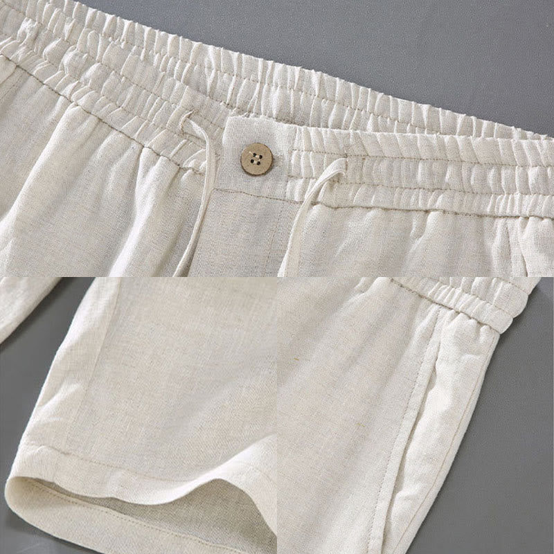 Buddha Stones Sommer-Shorts aus Leinen mit einfarbigem Kordelzug und Knopfdesign für Herren mit Taschen - image 7