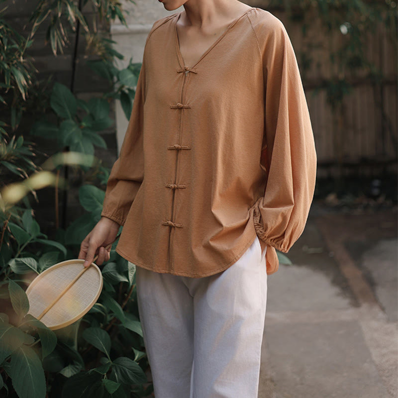 Buddha Stones Sommer Reine Farbe Chinesischer Frosch-Knopf V-Ausschnitt Baumwolle Leinen Damen Langarmshirt - image 8