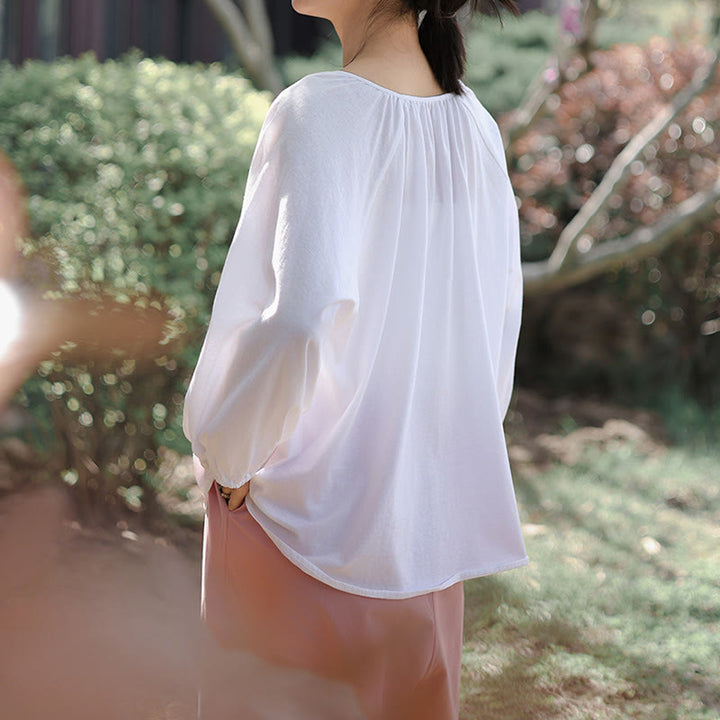 Buddha Stones Sommer Reine Farbe Chinesischer Frosch-Knopf V-Ausschnitt Baumwolle Leinen Damen Langarmshirt - image 14