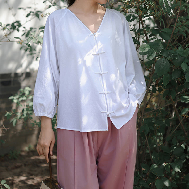 Buddha Stones Sommer Reine Farbe Chinesischer Frosch-Knopf V-Ausschnitt Baumwolle Leinen Damen Langarmshirt - image 15