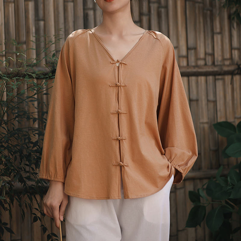 Buddha Stones Sommer Reine Farbe Chinesischer Frosch-Knopf V-Ausschnitt Baumwolle Leinen Damen Langarmshirt - image 5