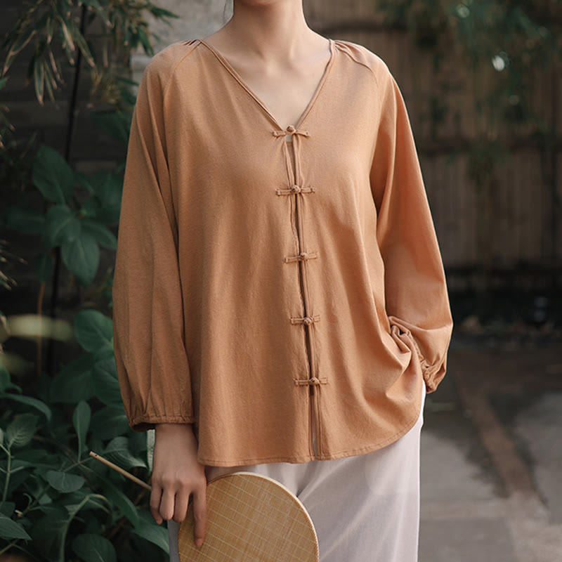 Buddha Stones Sommer Reine Farbe Chinesischer Frosch-Knopf V-Ausschnitt Baumwolle Leinen Damen Langarmshirt - image 6