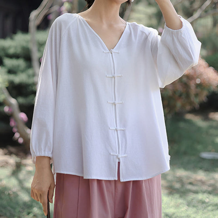 Buddha Stones Sommer Reine Farbe Chinesischer Frosch-Knopf V-Ausschnitt Baumwolle Leinen Damen Langarmshirt - image 11