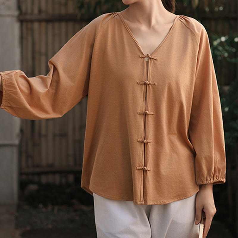 Buddha Stones Sommer Reine Farbe Chinesischer Frosch-Knopf V-Ausschnitt Baumwolle Leinen Damen Langarmshirt - Schokolade - US12， UK/AU16，EU44 (2XL) - image 1