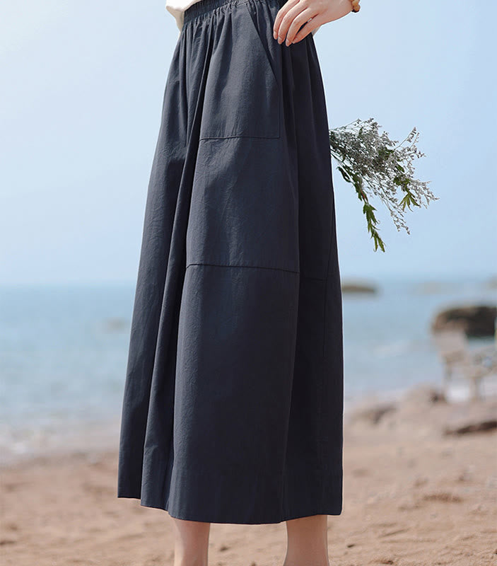 Buddha Stones Lässige, schlichte Caprihose aus Baumwolle mit hoher Taille und weitem Bein für Damen mit Taschen - image 3