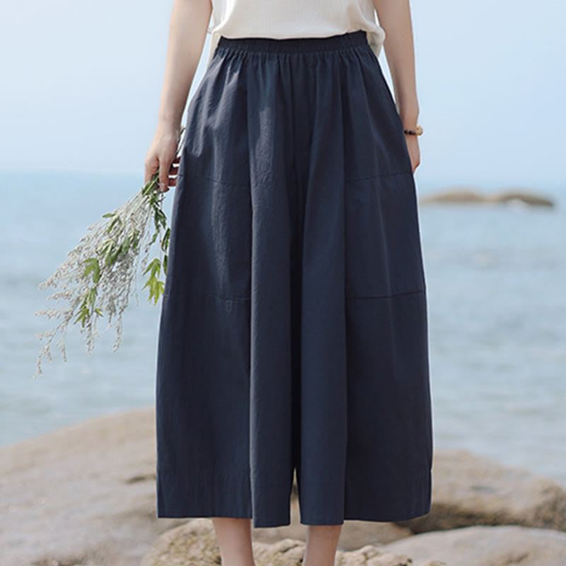 Buddha Stones Lässige, schlichte Caprihose aus Baumwolle mit hoher Taille und weitem Bein für Damen mit Taschen - image 2