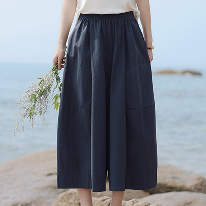 Buddha Stones Lässige, schlichte Caprihose aus Baumwolle mit hoher Taille und weitem Bein für Damen mit Taschen - image 2