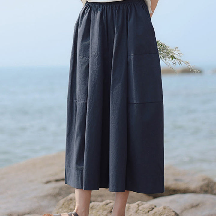 Buddha Stones Lässige, schlichte Caprihose aus Baumwolle mit hoher Taille und weitem Bein für Damen mit Taschen - image 5