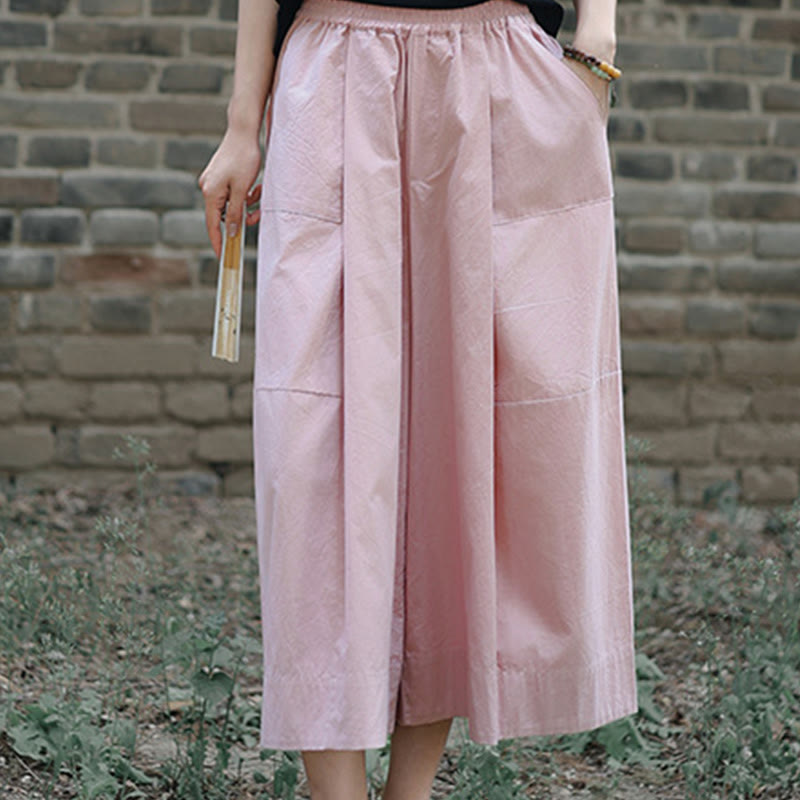 Buddha Stones Lässige, schlichte Caprihose aus Baumwolle mit hoher Taille und weitem Bein für Damen mit Taschen - image 14