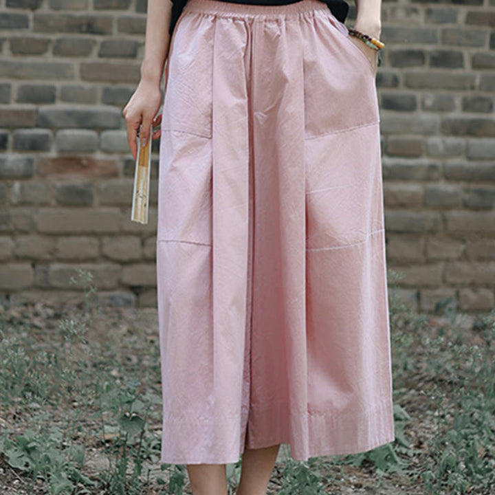 Buddha Stones Lässige, schlichte Caprihose aus Baumwolle mit hoher Taille und weitem Bein für Damen mit Taschen - image 14