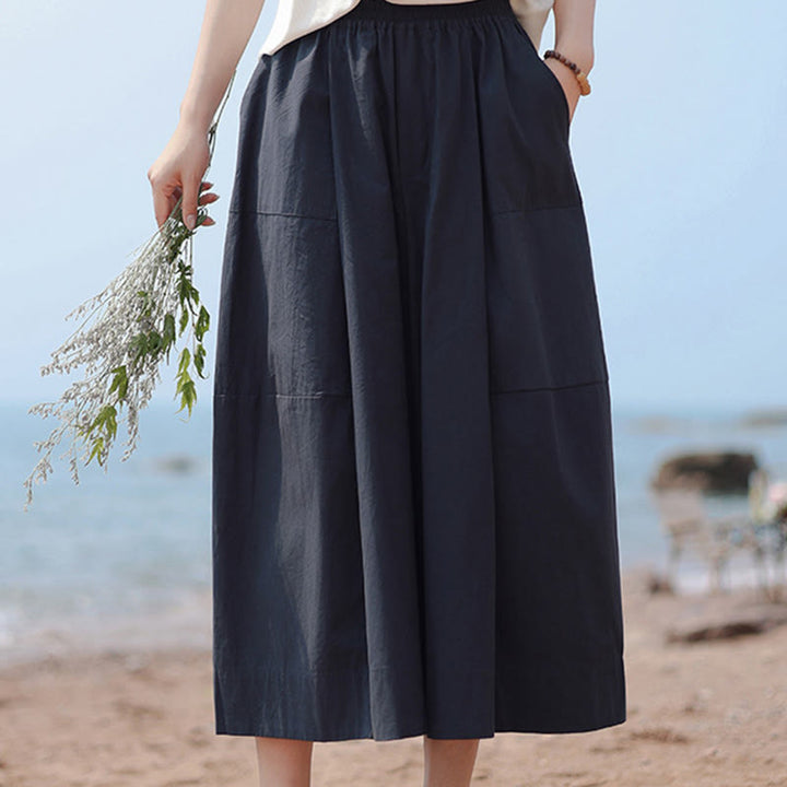 Buddha Stones Lässige, schlichte Caprihose aus Baumwolle mit hoher Taille und weitem Bein für Damen mit Taschen - image 4