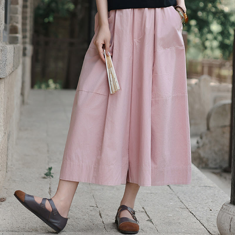Buddha Stones Lässige, schlichte Caprihose aus Baumwolle mit hoher Taille und weitem Bein für Damen mit Taschen - image 9