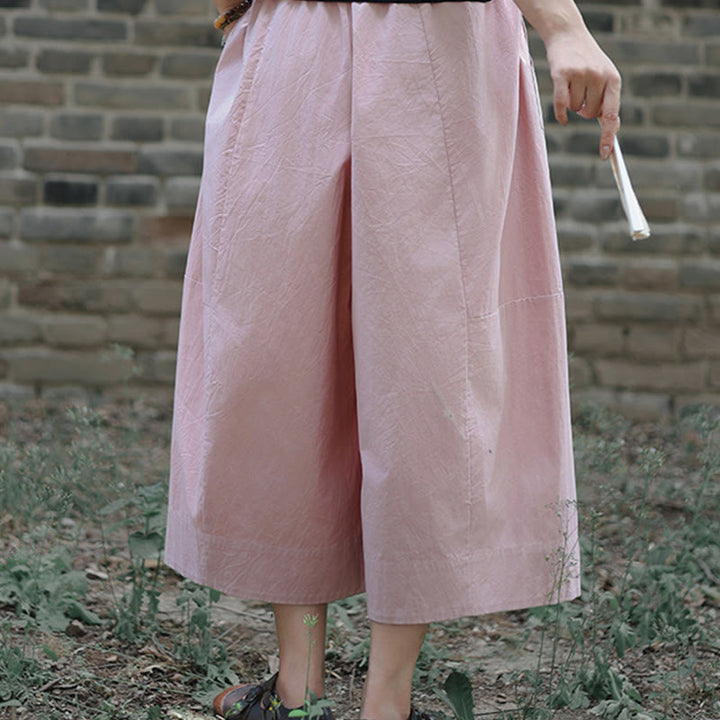 Buddha Stones Lässige, schlichte Caprihose aus Baumwolle mit hoher Taille und weitem Bein für Damen mit Taschen - image 13