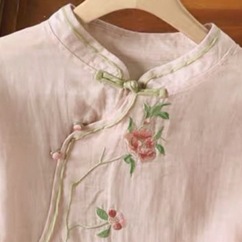 Buddha Stones Lässiges Damen-Baumwoll-Leinen-Shirt mit Vintage-Stickerei und Blumenmuster und chinesischem Froschknopf-Rundhalsausschnitt - image 9