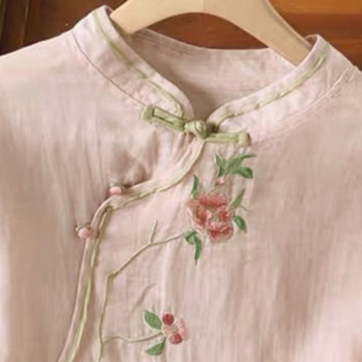 Buddha Stones Lässiges Damen-Baumwoll-Leinen-Shirt mit Vintage-Stickerei und Blumenmuster und chinesischem Froschknopf-Rundhalsausschnitt - image 9