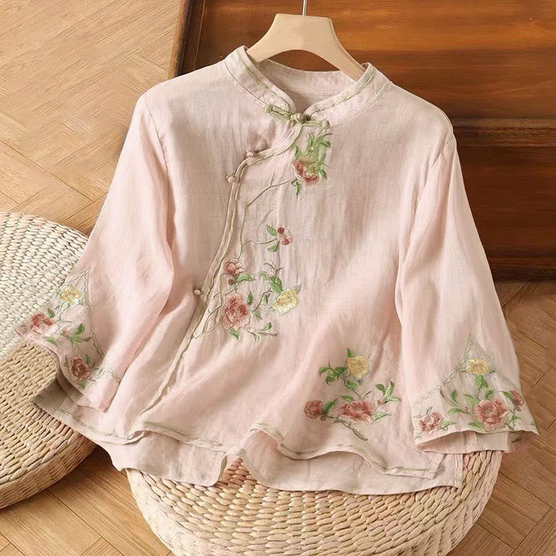 Buddha Stones Lässiges Damen-Baumwoll-Leinen-Shirt mit Vintage-Stickerei und Blumenmuster und chinesischem Froschknopf-Rundhalsausschnitt - Hellrosa - US12， UK/AU16，EU44 (3XL) - image 8