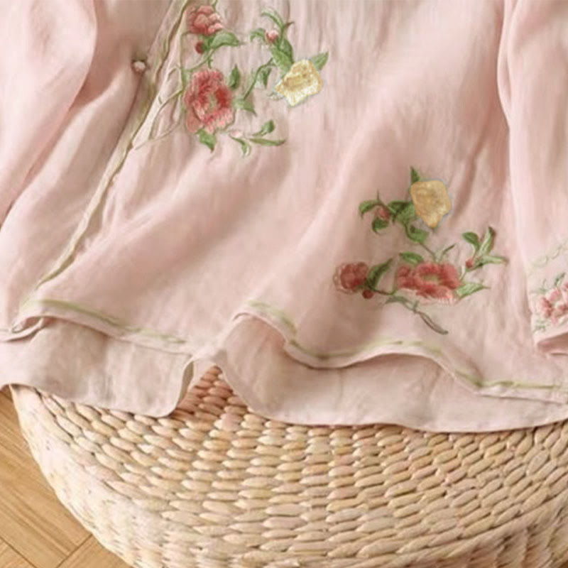 Buddha Stones Lässiges Damen-Baumwoll-Leinen-Shirt mit Vintage-Stickerei und Blumenmuster und chinesischem Froschknopf-Rundhalsausschnitt - image 9