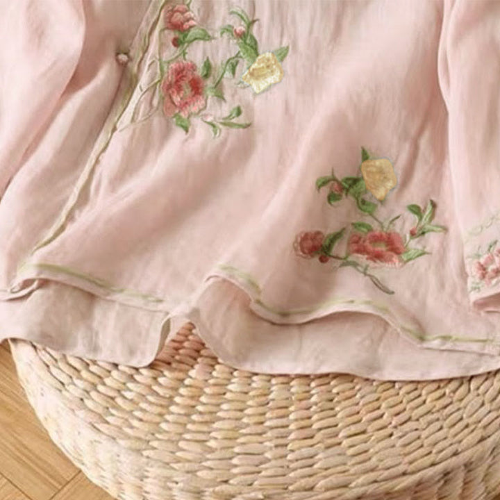 Buddha Stones Lässiges Damen-Baumwoll-Leinen-Shirt mit Vintage-Stickerei und Blumenmuster und chinesischem Froschknopf-Rundhalsausschnitt - image 9