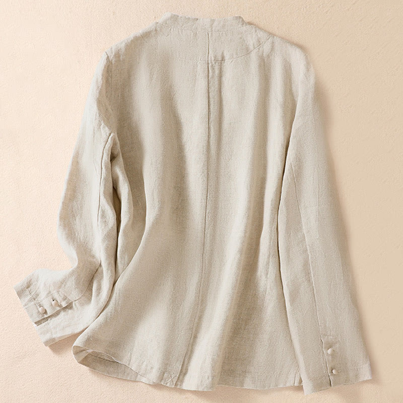 Buddha Stones Damen-Jacke aus Baumwollleinen mit Stehkragen und langen Ärmeln und Taschen - image 1