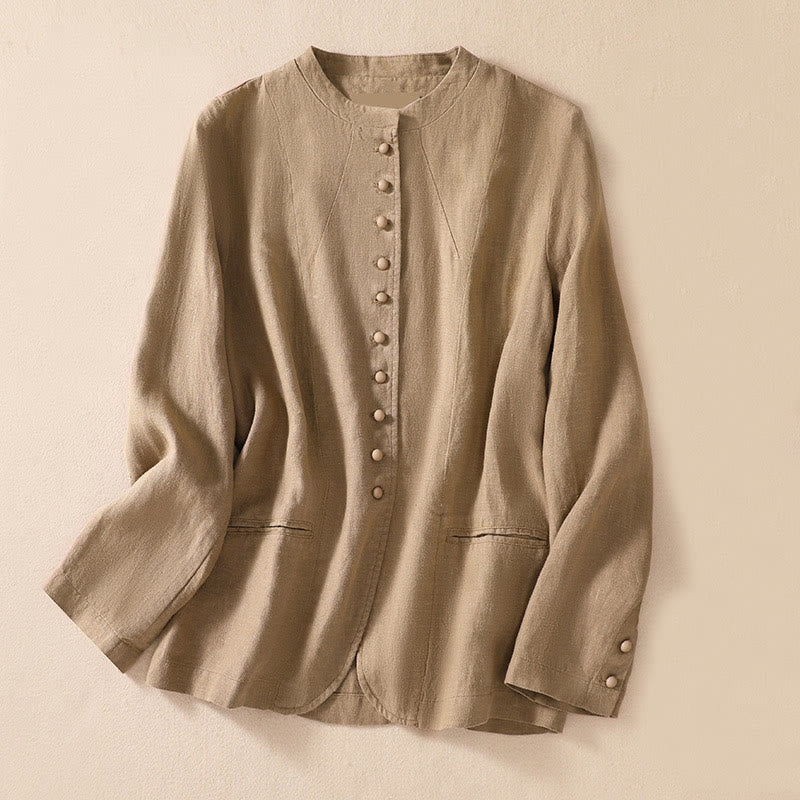 Buddha Stones Damen-Jacke aus Baumwollleinen mit Stehkragen und langen Ärmeln und Taschen - Bräunen - US8-10， UK/AU12-14，EU40-42 (2XL) - image 22