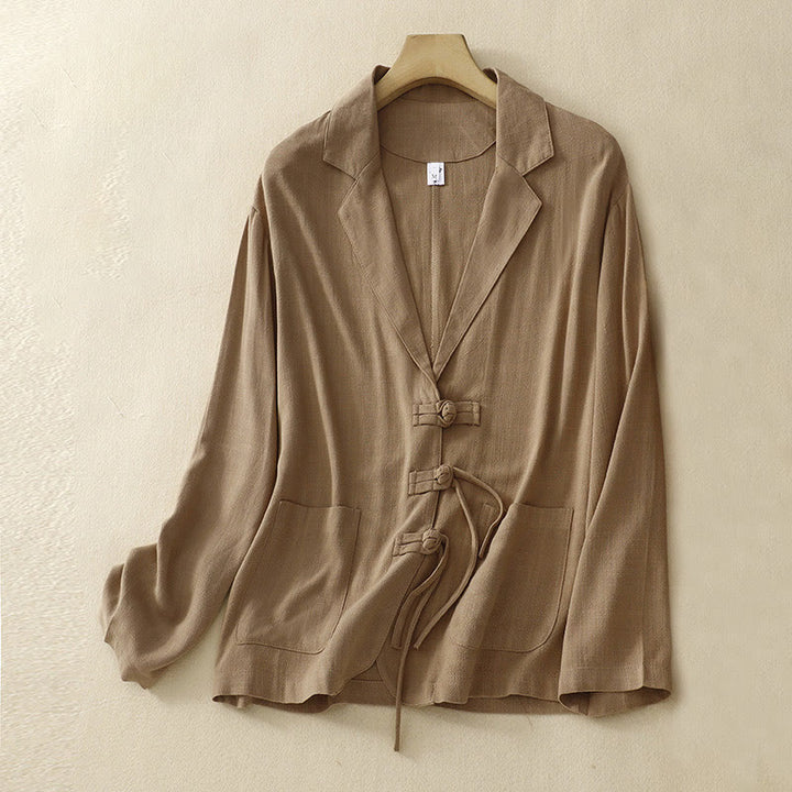 Buddha Stones Damen-Langarmjacke aus Baumwollleinen mit Froschknöpfen und Taschen - BurlyWood - US12, UK/AU16, EU44 (2XL) - image 0
