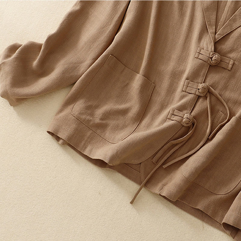 Buddha Stones Damen-Langarmjacke aus Baumwollleinen mit Froschknöpfen und Taschen - image 4