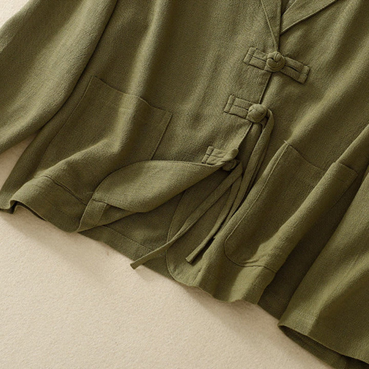 Buddha Stones Damen-Langarmjacke aus Baumwollleinen mit Froschknöpfen und Taschen - image 10