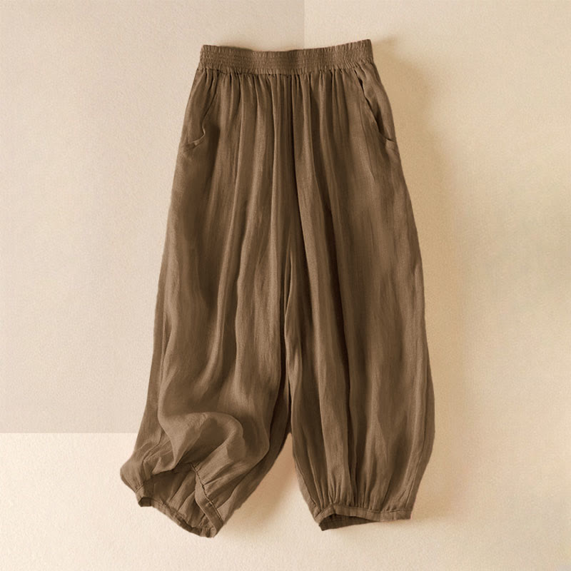 Buddha Stones Sommer-Hose, einfarbig, lässig, kurze Hose, doppellagig, aus Baumwolle und Leinen, mit Taschen