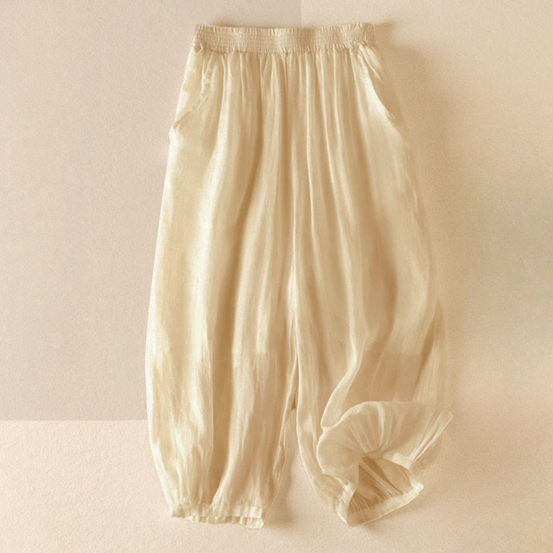 Buddha Stones Sommer-Hose, einfarbig, lässig, kurze Hose, doppellagig, aus Baumwolle und Leinen, mit Taschen - Zitronen-Chiffon - US8-10, UK/AU12-14, EU40-42 (2XL) - image 8