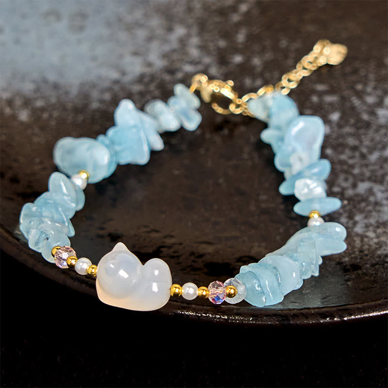 Buddha Stones Natürliches unregelmäßiges Aquamarin-Heilarmband mit süßer Katze - Aquamarin (Handgelenkumfang: 15 cm) - image 1