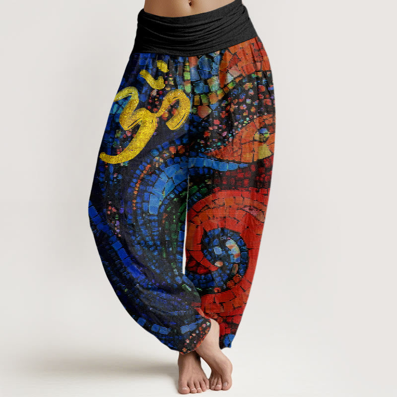 Buddha Stones mit goldenem Om-Symbol und Mosaikmuster für Damen mit elastischer Taille - Schwarz - US22， UK/AU26，EU54 (6XL) - image 1